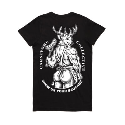 Carnivore Collective "Show us Your Sausage" Womans Maple Tee - Dark Thumbnail