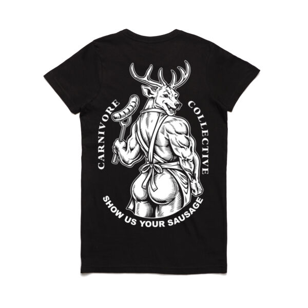 Carnivore Collective "Show us Your Sausage" Womans Maple Tee - Dark Thumbnail
