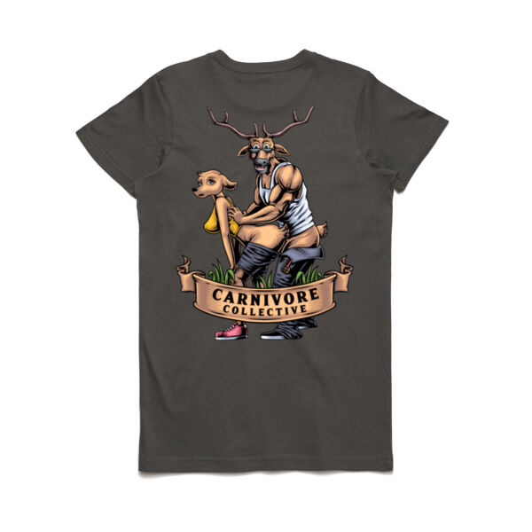 Carnivore Collective "Xmas is Two F*cking Deer" Woman's Maple Tee - Dark Thumbnail